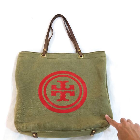 Tory Burch Green Canvas Logo Tote Bag - Picture 3 of 10